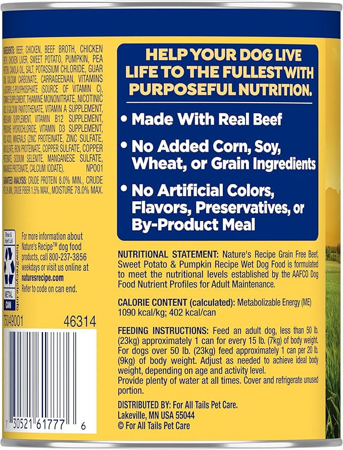 Nature's Recipe Grain Free Wet Dog Food Beef, Sweet Potato, and Pumpkin Recipe, 13 oz. Can (Pack of 12)