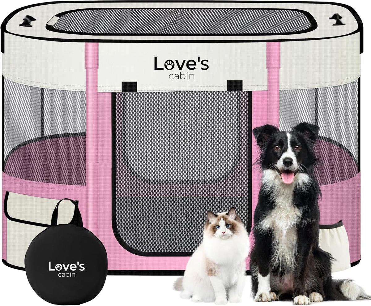 Love's cabin Pet Puppy Dog Playpen, Large Dog Tent Crates Cage Indoor/Outdoor, Portable Exercise Playpen for Cat, Foldable Pop Up Dog Kennel Playpen with Carring Case (L, Light Pink)