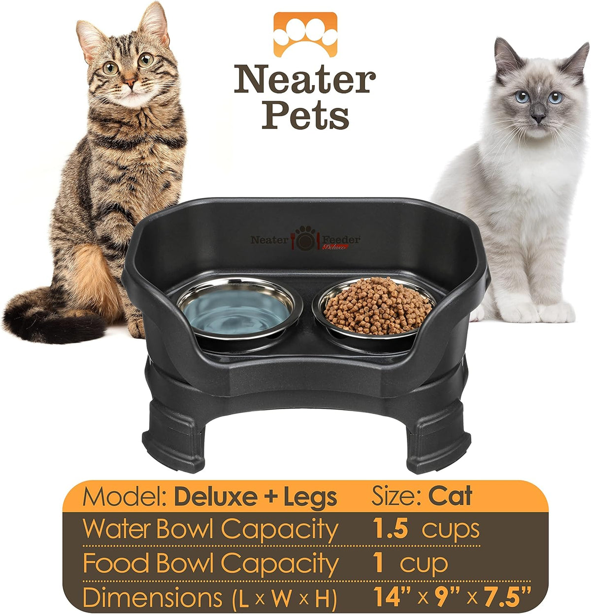 Neater Feeder Deluxe Mess Proof Cat Bowls Elevated for All Breeds – Made in USA – No Spill Raised Cat Bowls for Indoor Cats w/Leg Extensions – Stainless Steel Cat Food and Water Bowl Set - Black