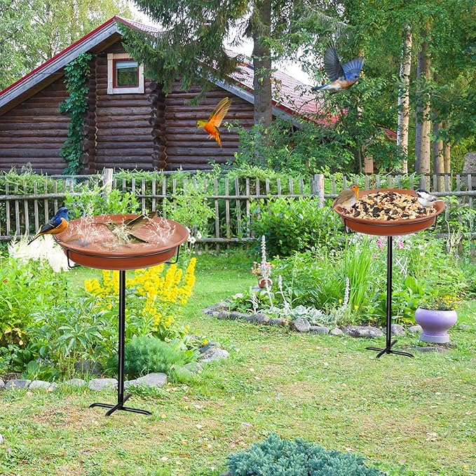 28In Freestanding Birdbaths Bowl Outdoor, Free Standing Garden Bird Bath Bird Feeder Bowl with Metal Stake, Detachable Decoration Spa Birdfeeder for Garden Patio Yard Lawn, 4 Spiky Feet (Brown)
