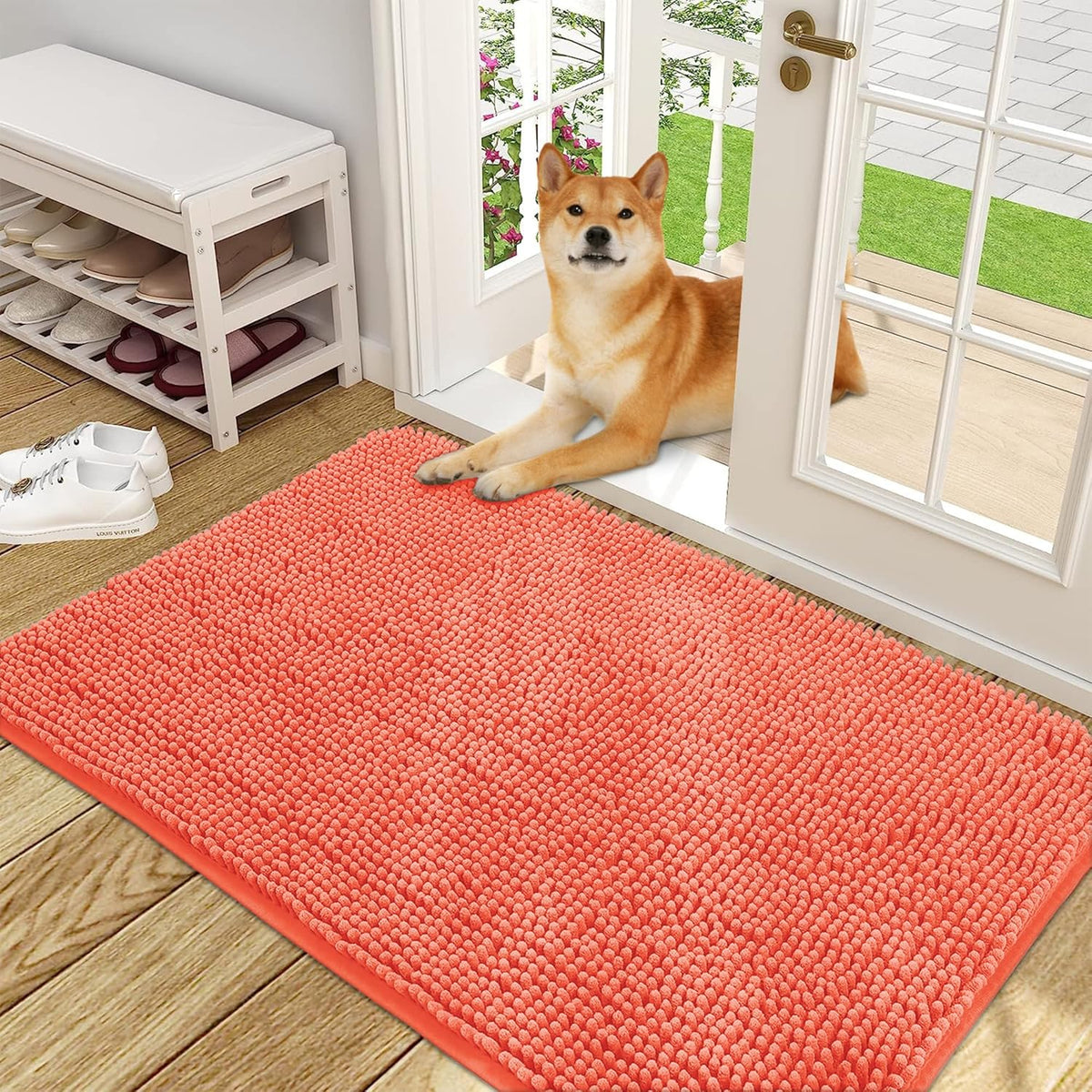 OLANLY Dog Door Mat for Muddy Paws 48x30, Absorbs Moisture and Dirt, Absorbent Non-Slip Washable Doormat, Quick Dry Chenille Mud Mat for Dogs, Entry Indoor Entryway Carpet for Inside Floor, Coral