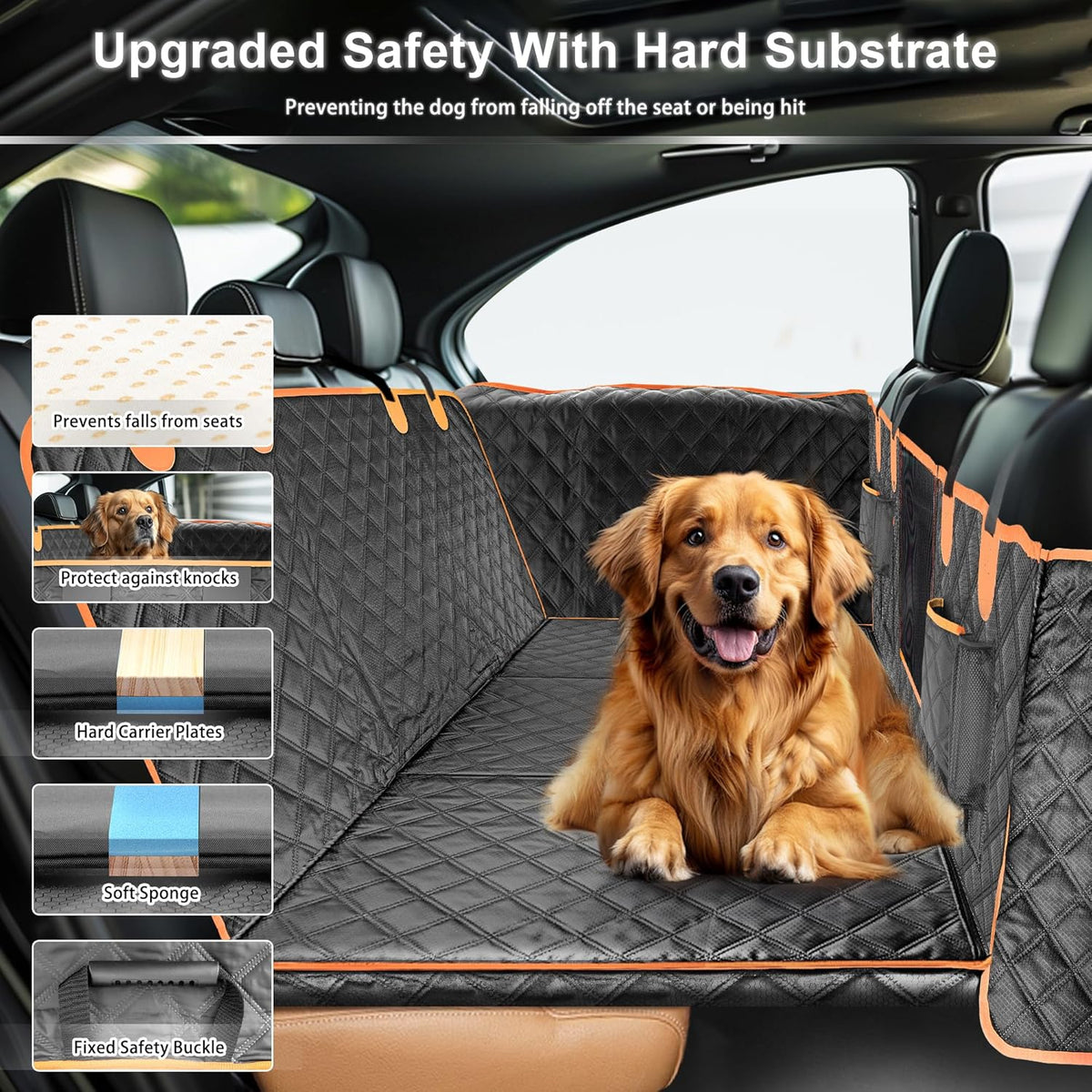 Dog Car Seat Cover for Back Seat, Hard Bottom Car Seat Cover for Dogs with Door Protectors for Traveling and Camping with Pets, Dog Car Seat Waterproof and Scratch-Resistant, Suitable for Cars