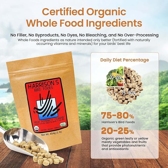 Harrison's Bird Foods High Potency Coarse—Maximum Nutritional Formula for Small to Medium Birds, Certified Organic Non-GMO Pet Bird Food, Vet-Developed, Suitable for All Life Stages, 454 g/ 1 lb