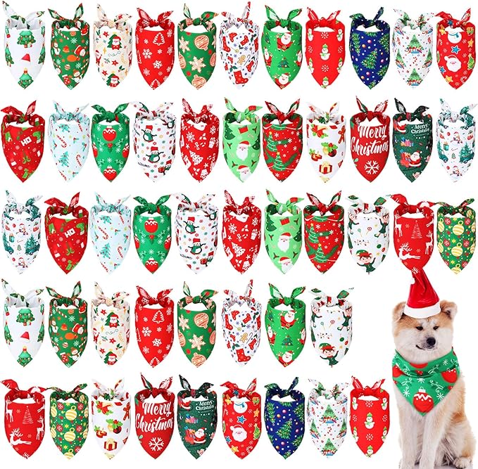 Abbylike 50 Pieces Christmas Dog Bandanas Bulk Xmas Bandanas for Dogs Triangle Kerchief Bibs Scarf Set for Christmas Pet Costume Accessories Decoration (31.5 x 21.7 x 21.7)