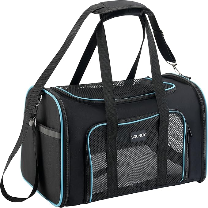 Soundy Large Cat Carrier Dog Carrier Under 25 Lbs,Collapsible Ventilated Portable Pet Bag with Soft Sided Breathable Mesh for Long Car Trips Maxi Load 2 Kittens or Small, Medium Dog (Large Black)