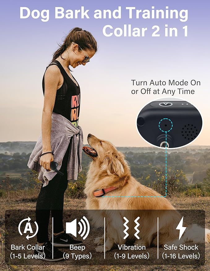 PaiPaitek Bark Activated Shock Collar with Remote - Automatic Bark and Training Collar Combo 3300ft Range, Bark Shock Collar for 40-150lbs Medium Large Dogs - IPX7 Waterproof