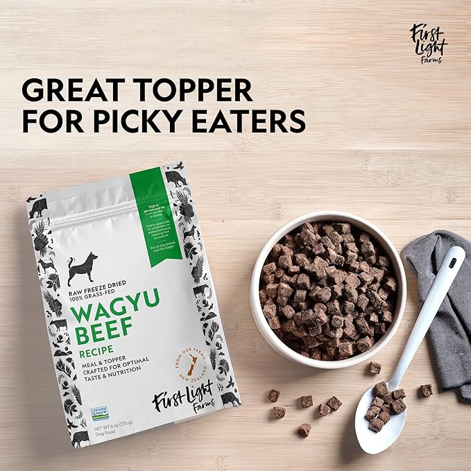 First Light Farms Freeze-Dried Dog Food Topper for Picky Eaters | High Protein Treat | Grain-Free Formula for All Breeds & Life Stages | Premium Wagyu Beef & Certified Humane | 1.5lb Bag