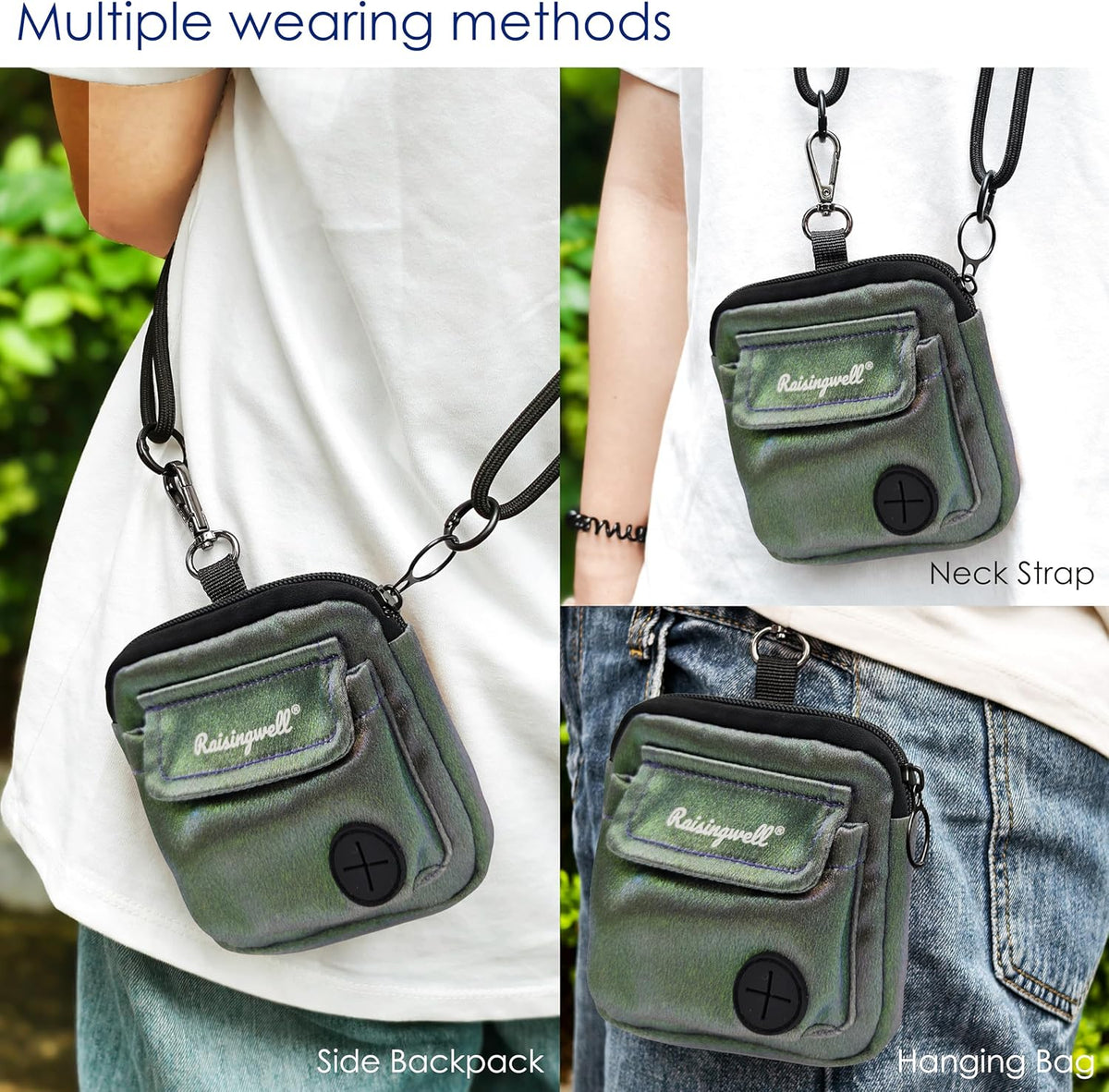 Dog Treat Pouch for Pet Walking and Training with Clicker Poop Bags and Double Bag Design Small Fanny Zipper Pack Holder for Puppy Snack Dispenser Kit for Leash and Outdoor Use (NM-Green)