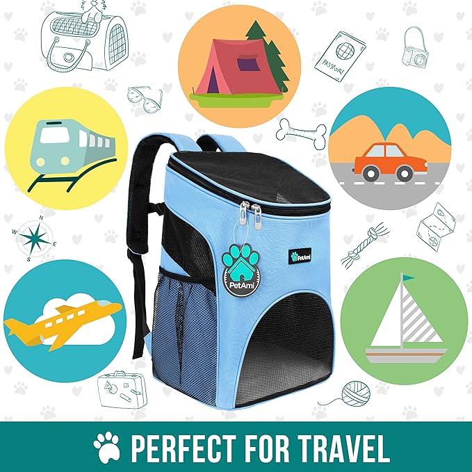 PetAmi Small Dogs and Cat Backpack Carrier, Airline Approved Pet Backpack Carrier, Ventilated, Safety Strap, Buckle Support Designed for Hiking Travel Camping Outdoor, Max 18 lbs (Light Blue)