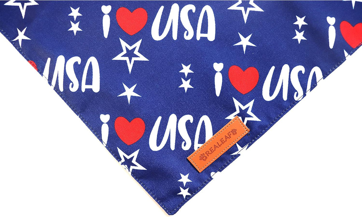 Realeaf 4th of July Bandanas 2 Pack, Triangle Reversible American Flag Pet Patriotic Scarf for Boy and Girl, Premium Durable Fabric, USA Bandana for Medium and Large Dogs (Large)