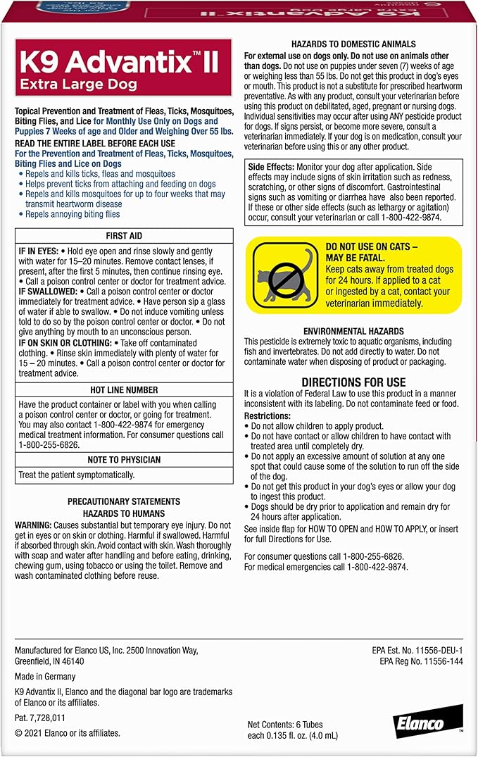 K9 Advantix II XL Dog Vet-Recommended Flea, Tick & Mosquito Treatment & Prevention | Dogs Over 55 lbs. | 6-Mo Supply