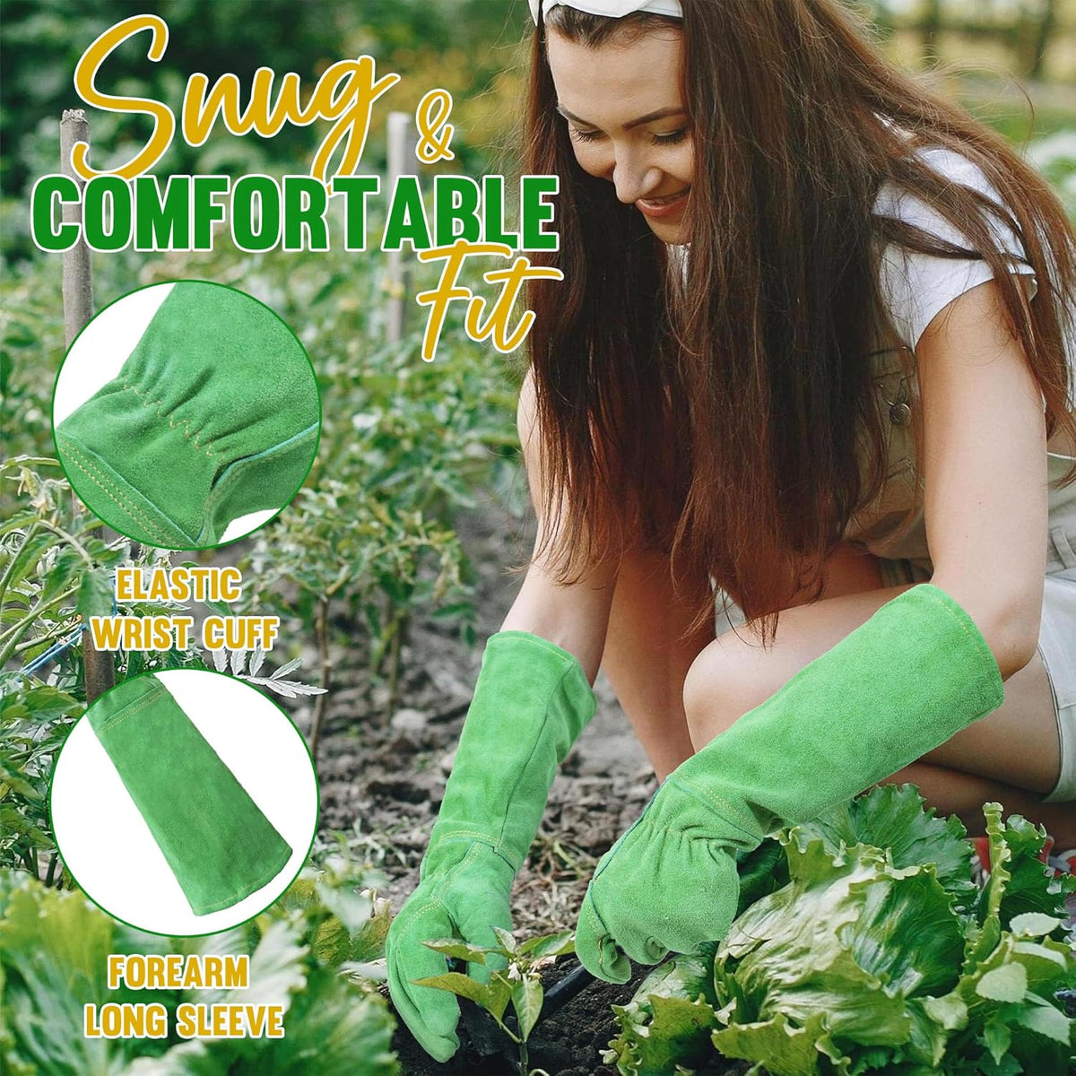 HANDLANDY Leather Gardening Gloves, Thorn Proof Long Gauntlet Heavy Duty Garden Gloves, Elbow Length Rose Pruning Weeding Yard Glove (X-Large, Green)