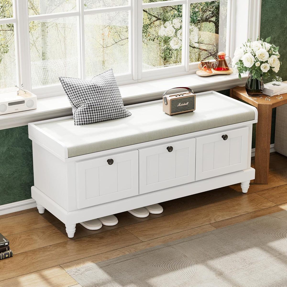 Classic Shoe Storage Bench with Cushion and Three Drawers, Fluted Entryway Bench with Storage for Entryway, Living Room, Hallways 44.0" L x 15.9" W x 18.9" H White