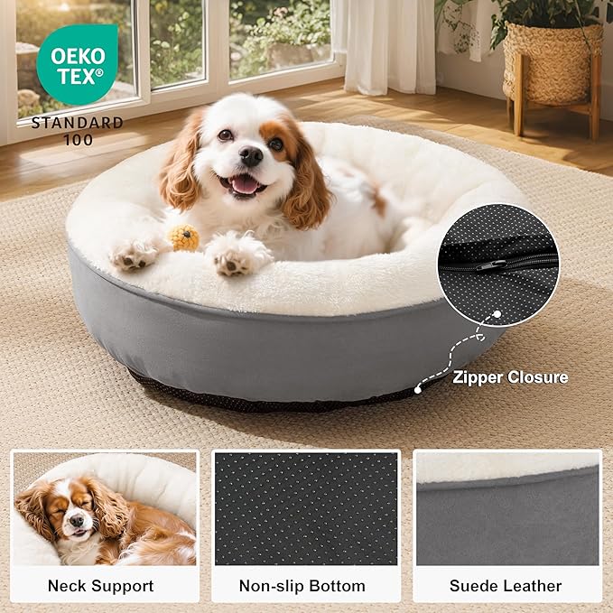 Love's cabin Round Donut Cat and Dog Cushion Bed, 25in Pet Bed for Small or Medium Dogs, Anti-Slip & Water-Resistant Bottom, Soft Durable Fabric Pet Beds, Washable Calming Cat & Dog Bed Grey