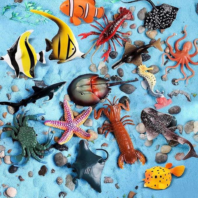 Sea Animals Toys Figures 21Pcs, Plastic Marine Creature Shark Fish Starfish Crab Lobster Octopus Seahorse Coral Jellyfish Ocean Life for Kids Birthday Party Favor Cake Decoration