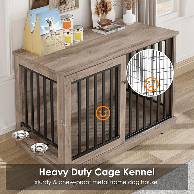 Dog Crate Furniture 47” Large Dog Kennel for Dogs Indoor, Heavy Duty Dog Cage with Sliding Door and 2 SUS Bowls Wooden End Table in Living Room for Small Medium Large Dogs, Rustic