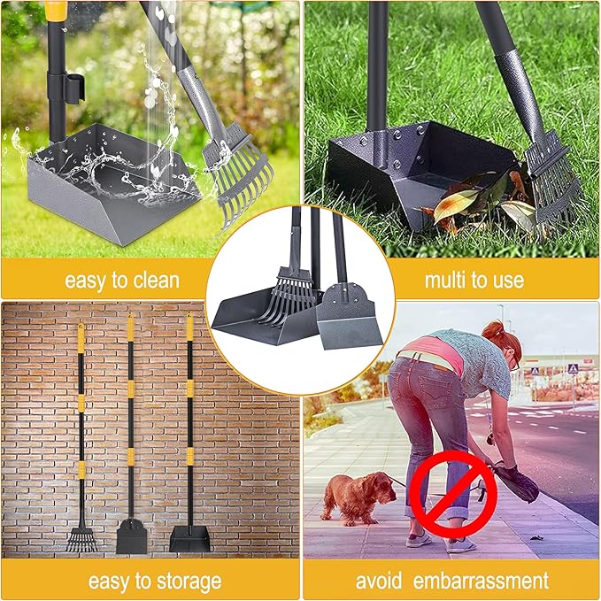 Niubya Pooper Scooper for Dogs, Metal Poop Scooper Tray Spade and Rake Set, Poop Scoop with Adjustable Long Handle, Dog Pooper Scooper for Pet Waste Removal