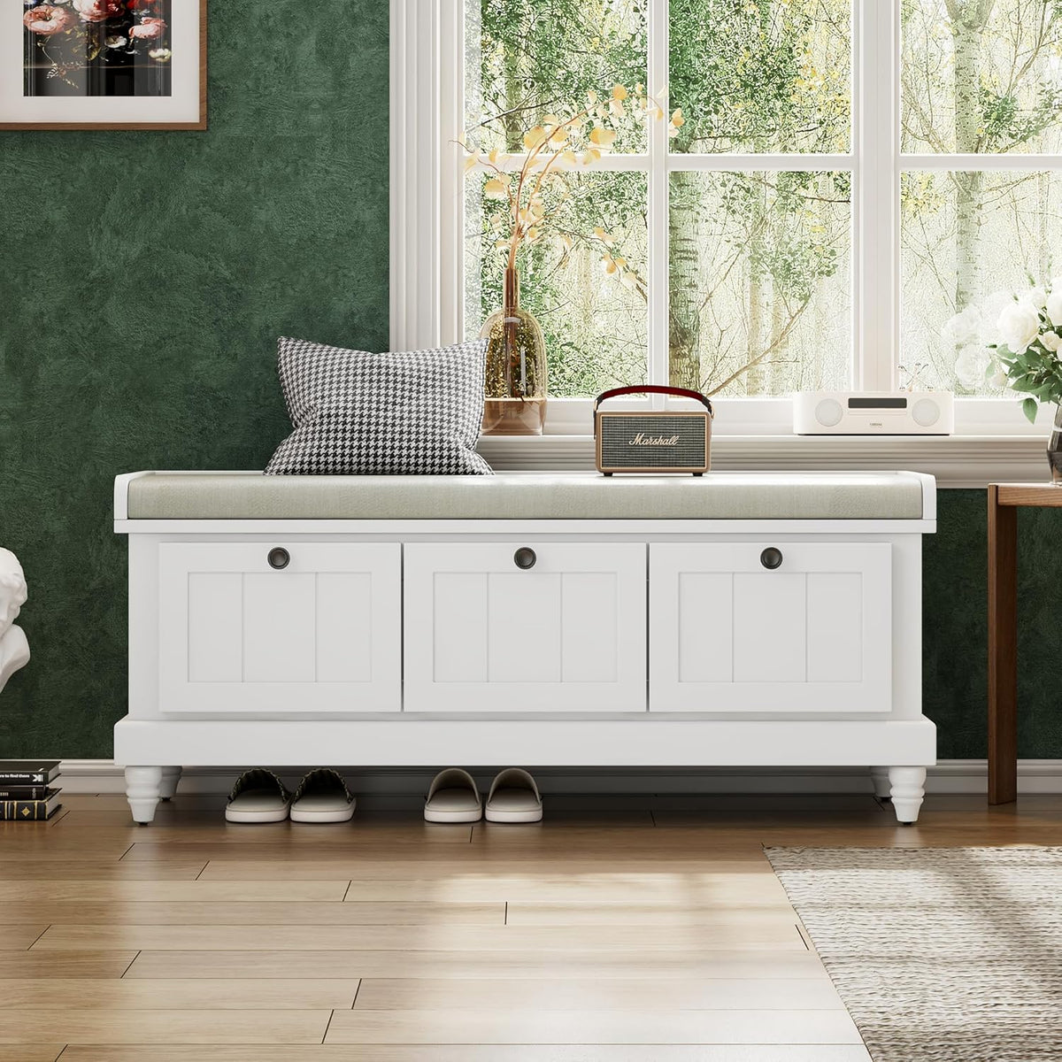 Classic Shoe Storage Bench with Cushion and Three Drawers, Fluted Entryway Bench with Storage for Entryway, Living Room, Hallways 44.0" L x 15.9" W x 18.9" H White