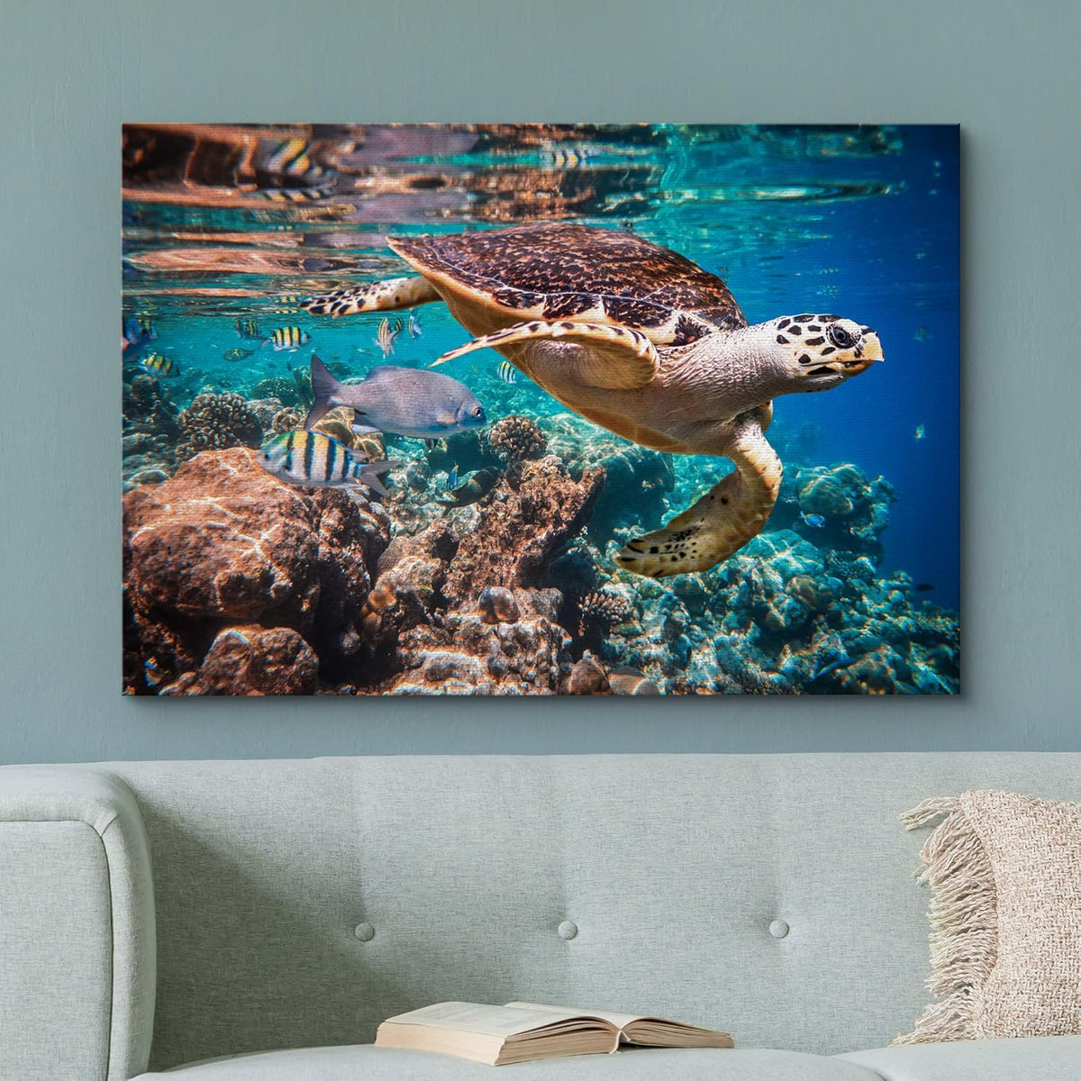 wall26 Canvas Print Wall Art Tropical Turtle Coral Reef Deep Sea Dive Nature Animals Photography Realism Rustic Scenic Landscape Wilderness Earth Colorful for Living Room, Bedroom, Office - 16"x24"