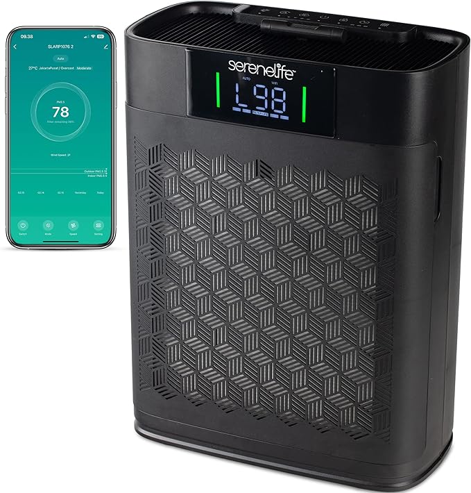 SereneLife HEPA Air Purifier for Home – Smart WiFi & App Control, Ultra-Quiet Air Purifier for Bedrooms & Large Rooms, Removes Dust, Pet Hair & Odors, Ideal for Pets & Allergies (1,076 Sq Ft, Black)
