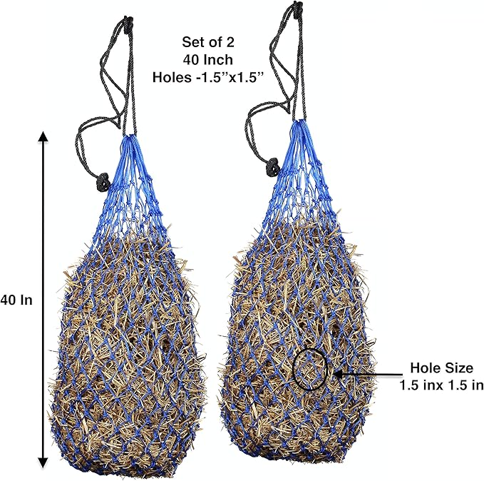 Majestic Ally 2 pcs Ultra Slow Feed 1.5"x1.5" Holes 40” Hay Net for Horses and livestocks (Royal Blue)