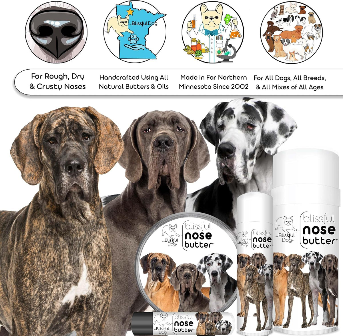 The Blissful Dog Great Dane Nose Butter, Versatile Dog Nose Balm for Dry Nose, Handcrafted Nose Moisturizer, Easy-to-Apply Dog Essentials, Unscented, 2 oz.