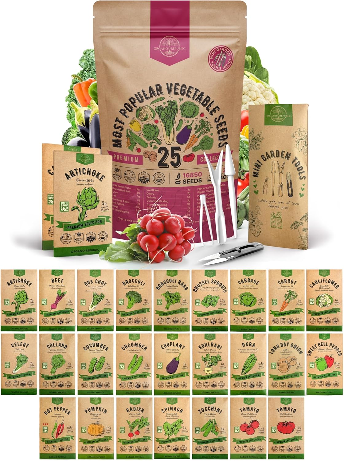 Organo Republic 25 Vegetable Seeds Variety Pack - 16,850+ Non-GMO Heirloom Seeds for Planting Vegetables & Fruits in Individual Seed Packets, Home Garden Seed for Hydroponic, Indoor & Outdoor Garden