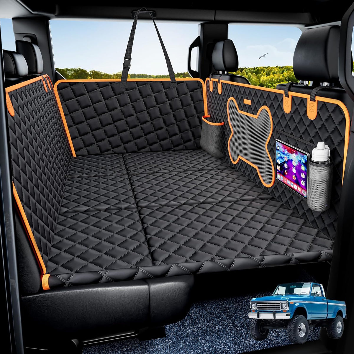 Dog Back Seat Extender for Truck, Hard Bottom Dog Car Seat Cover-Strong Support Waterproof Scratch-Proof Pet Hammock for Full Size F150/RAM1500/Silverado Crew Cab Pickup, Black with Orange