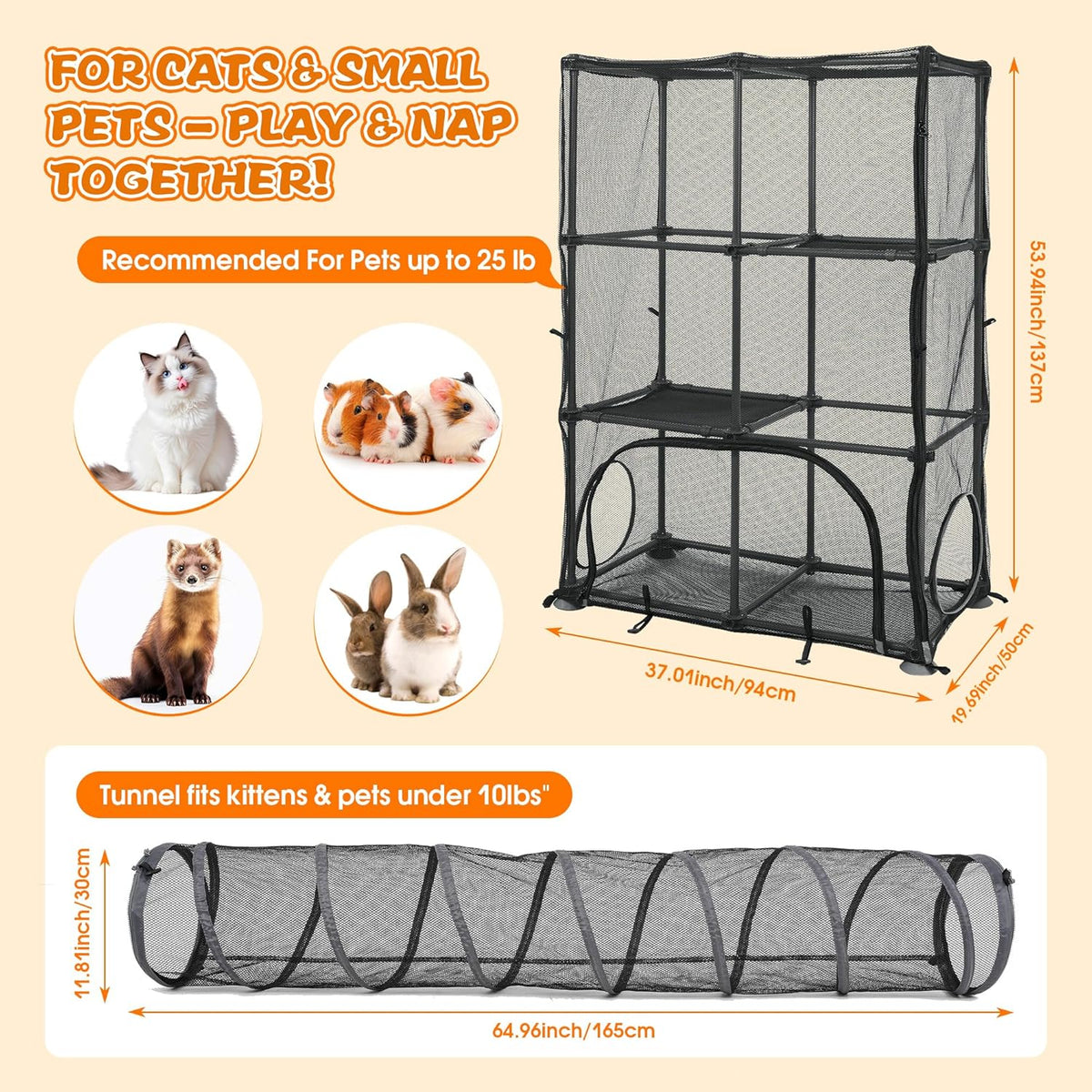 Catio Outdoor Cat Enclosure for Cats & Small Animals, Pet Playpen Cat Climber with Removable Pet Tunnel for Indoor/Outdoor Use