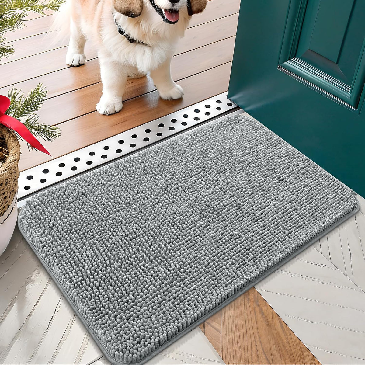 OLANLY Dog Door Mat for Muddy Paws 30x17, Absorbs Moisture and Dirt, Absorbent Non-Slip Washable Doormat, Quick Dry Chenille Mud Mat for Dogs, Entry Indoor Entryway Carpet for Inside Floor, Grey