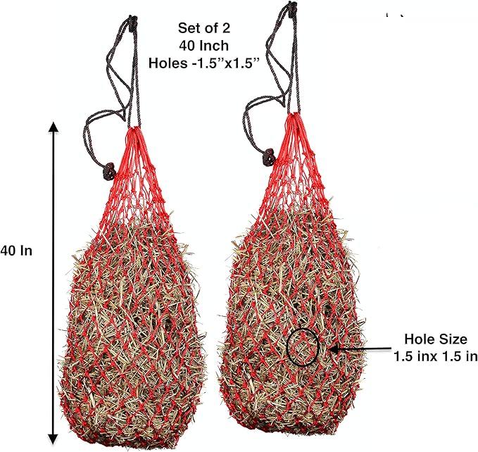 Majestic Ally 2 pcs Ultra Slow Feed 1.5"x1.5" Holes 40” Hay Net for Horses and livestocks (Red)