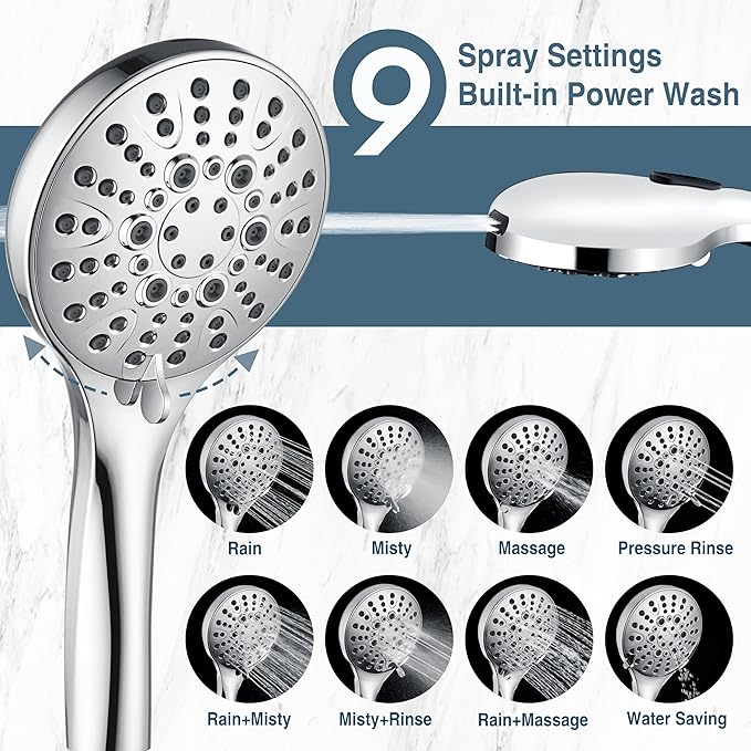 BRIGHT SHOWERS High Pressure Shower Head with Handheld, 9 Spray Settings Showerhead Built in Power Wash to Clean Tub and Pets, Extra Long 69" Hose, Adjustable Bracket, Chrome