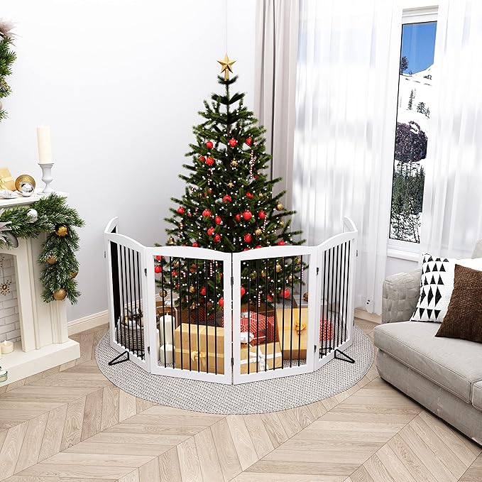 Freestanding Pet Gate for Dogs, Indoor Wooden Foldable Dog Gate for House, Extra Wide, Pet Fence for Stairs, Doorways, Halls, Support Feet Included, 120 Inch Wide, 6 Panels 32",White
