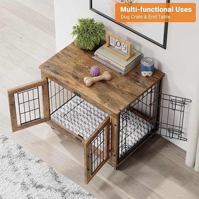Lulive Small Dog Crate Furniture Set of 2, Dog Kennel Indoor Double Doors Wooden Dog Cage, 27' Heavy Duty Dog Crate with Cushion & Wheels, End Table Pet House Chew-Resistant Up to 30 lb, Rustic Brown
