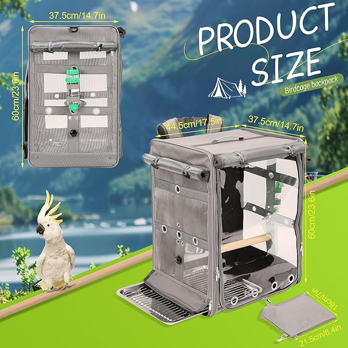 Suertree Bird Carrier Travel Cage, Cockatoo Carrier, Parrot Travel Backpack with Unbreakable Stainless Steel Mesh, Perch, Water Bottle and Food Bowl, X-Large Grey