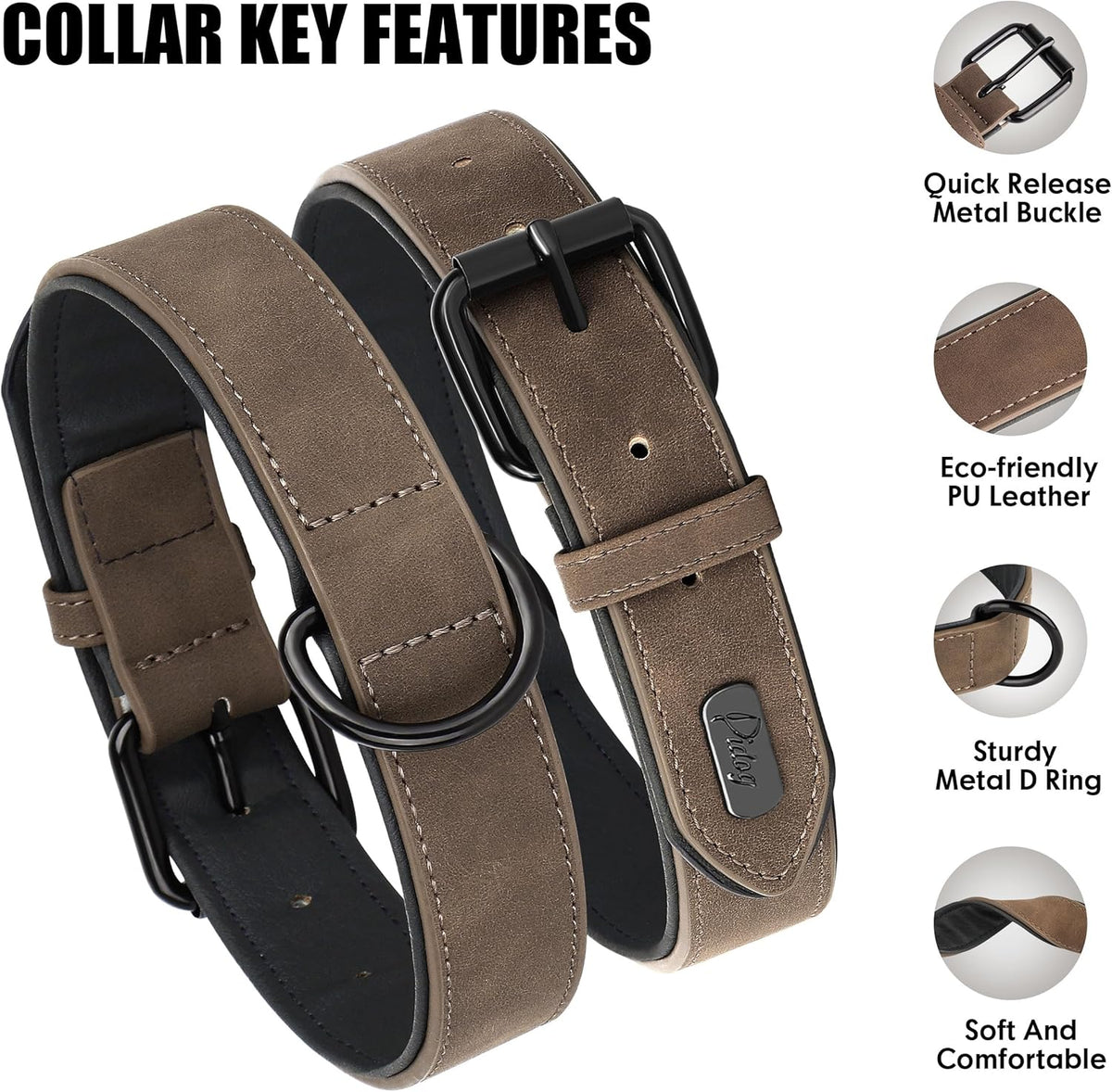 Didog Soft Padded PU Leather Dog Collar, Breathable and Adjustable Dog Collars for Small Dogs, Comfortable for Daily Walk, Brown, M Fit Neck 12-15"(13-22 lbs)