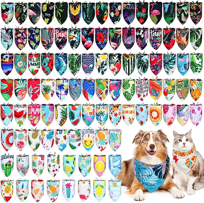 100 Pcs Hawaiian Dog Bandanas Bulk Pet Bibs Colorful Triangle Scarf Pet Bandanas for Medium Large Dogs Hawaiian Summer Luau Party Birthday Costume Decor