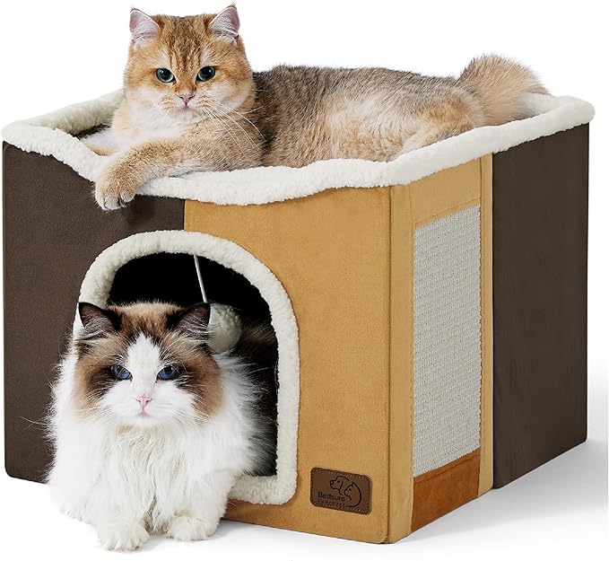 Bedsure Cat Beds for Indoor Cats - Large Cat Cave for Pet Cat House with Fluffy Ball Hanging and Scratch Pad, Foldable Cat Hideaway, 16.5x16.5x13 inches, Burnt Honeycomb