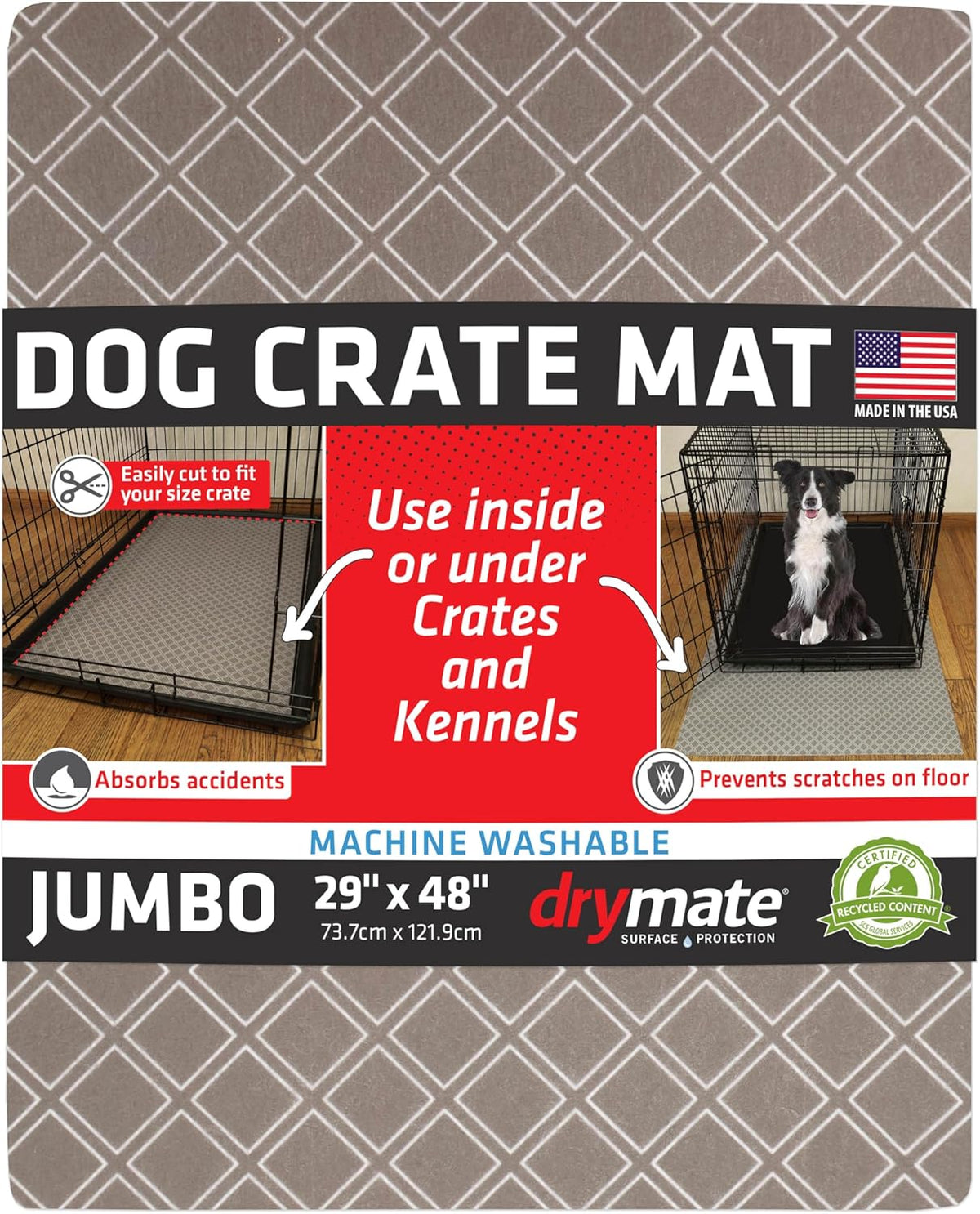 Drymate Dog Crate Mat Liner, Absorbs Urine, Waterproof, Non-Slip, Washable Puppy Pee Pad for Kennel Training - Use Under Pet Cage to Protect Floors, Thin Cut to Fit Design (USA Made) (Taupe)(29”x48”)