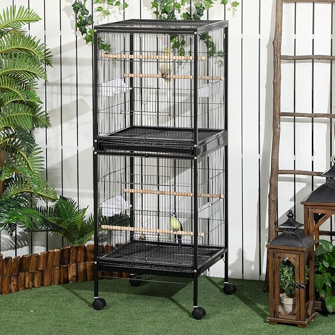 PawHut Large Bird Cage with 1.7 ft. Width for Wingspan, Bird Aviary Indoor with Multi - Door Design, Fit for a Canary, Finch, Conure, 55", Black