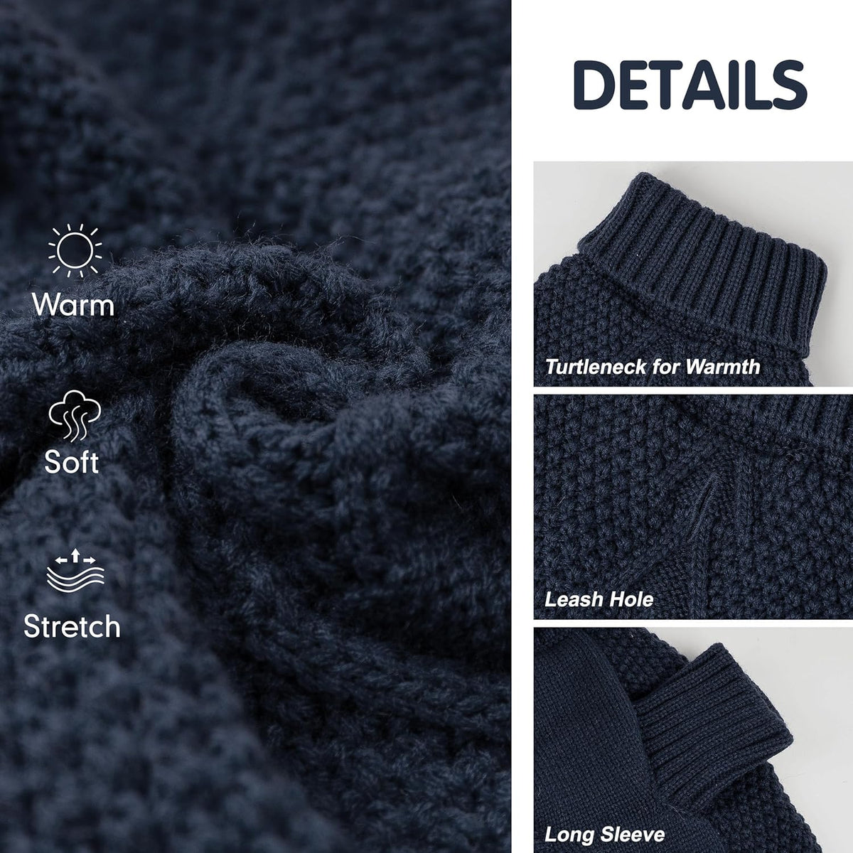cyeollo 2XL Dog Sweater, Warm Stretchy Sweaters for Large Dogs Boy, Pullover Knitted Thermal Winter Big Dog Clothes with Sleeves, Turtleneck Pet Beagle Border Collie Apparel, Navy XXL