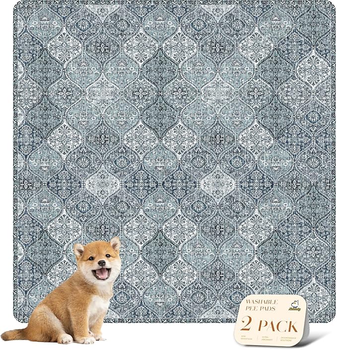 nunubaby Washable Pee Pads for Dogs, Stylish, Non-Slip and Leak-Proof Pee Pads. Reusable Potty Pads for Dogs for Crates and Floors.(Blue/Multi, 48" x48" )