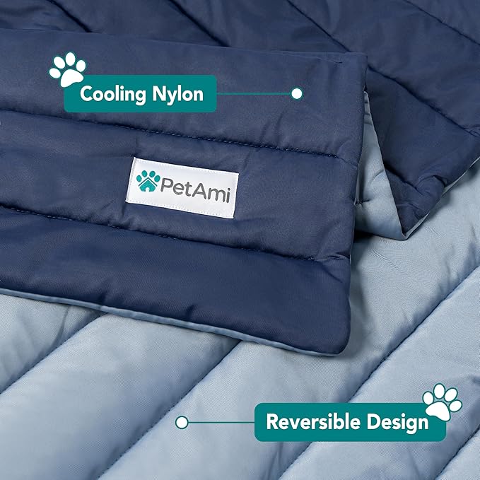 PetAmi Cooling Mat for Dog, Premium Pet Cooling Blanket for Crate Kennel, Indoor Cat Cool Sleeping Pad, Q-MAX Cold Sofa Couch Cover for Summer, Navy/Dusty Blue, Large (40x60)