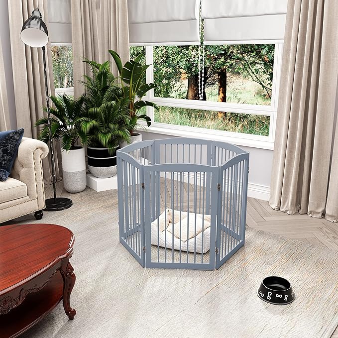 Freestanding Pet Gate for Dogs, Indoor Wooden Foldable Dog Gate for House, Extra Wide, Pet Fence for Stairs, Doorways, Halls, Support Feet Included, 120 Inch Wide, 6 Panels 32",Grey