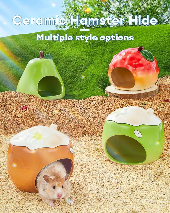 BUCATSTATE Coconut Shape Ceramic Hamster Hideout with Removable Lid & Ice Compartment - All-Season Cool Bed for Dwarf Hamster, Gerbil, Mice, Golden Bear - Large Green Small Pet House Habitat