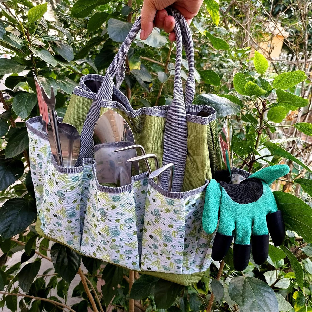 Gardening Tools – 42 Piece Premium Gardening Tool Set,Heavy Duty Hand Tools with Fashion Garden Tools Organizer Handbag,Rust-Proof Gardening Tool Kit, Ideal Gardening Gifts for All (Green Floral)