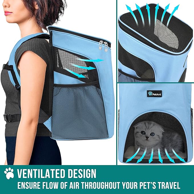 PetAmi Small Dogs and Cat Backpack Carrier, Airline Approved Pet Backpack Carrier, Ventilated, Safety Strap, Buckle Support Designed for Hiking Travel Camping Outdoor, Max 18 lbs (Light Blue)